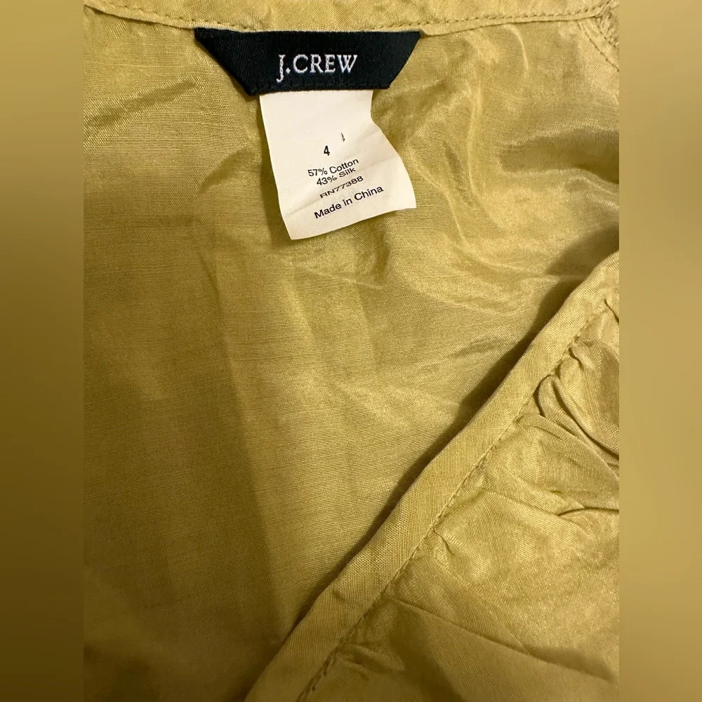 J. Crew Blouse Chartreuse Silk Blend Ruffle B Neck Puff Sleeve Side Zip Size 4
